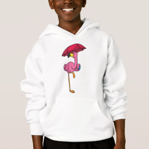 Flamingo na chuva com guarda-chuva