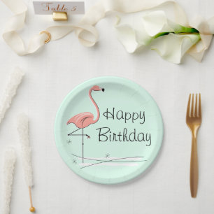 Flamingo Ocean Aqua Happy Birday - prato de papel