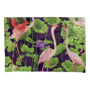 Flamingo, plantas tropicais, fundo negro.