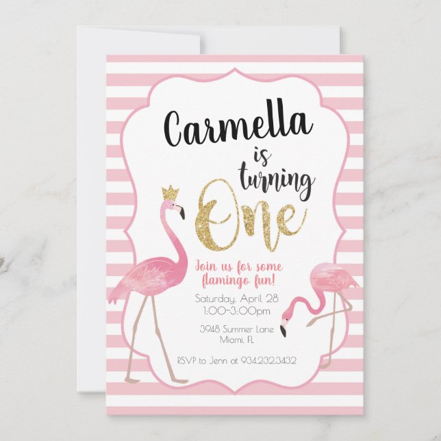 Flamingo Primeiro Convite de Aniversário (Frente)