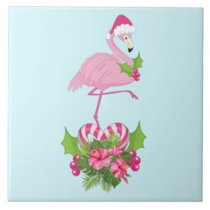 Flamingo rosa em Santa Hat com Buquê de Cané Adorm