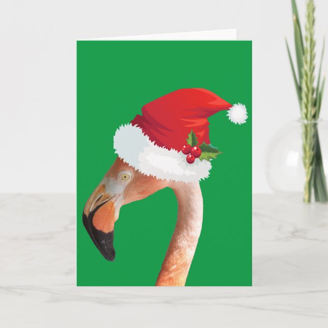 Flamingo rosa em um cartão de Natal com chapéu ver (Frente)