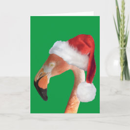 Flamingo rosa em um cartão de Natal com chapéu ver