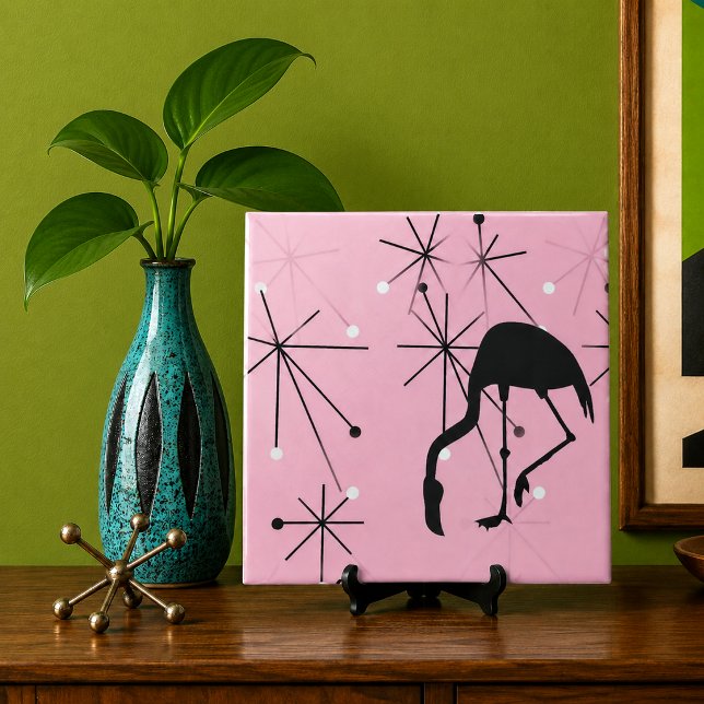 Flamingo Rosa Moderno de Meados do Século Estrela  (midcentury mod atomic starbursts flamingo silhouette Palm Spring deco beach house decor retro tile)
