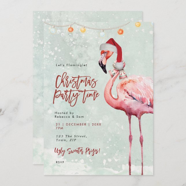 flamingo santa, convite de festas de Natal (Frente/Verso)