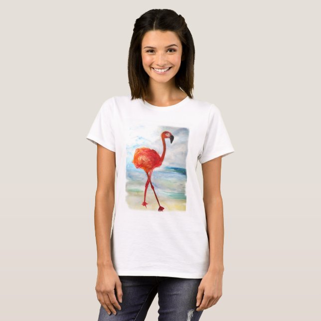 Flamingo Watercolor Art Camiseta Básica Feminina (Frente Completa)