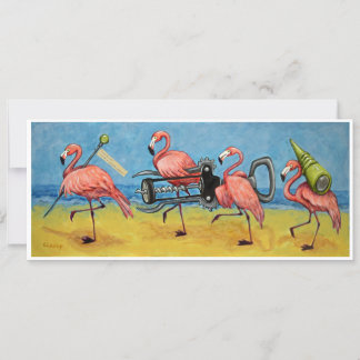 Flamingos com cartão de aviso de abertura de vinho