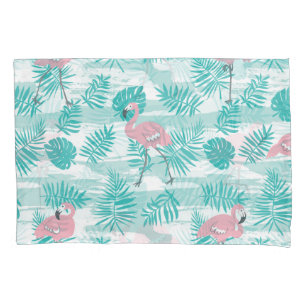 flamingos cor-de-rosa, palmeiras verdes, tropicais