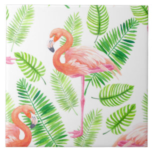 Flamingos e folhas tropicais