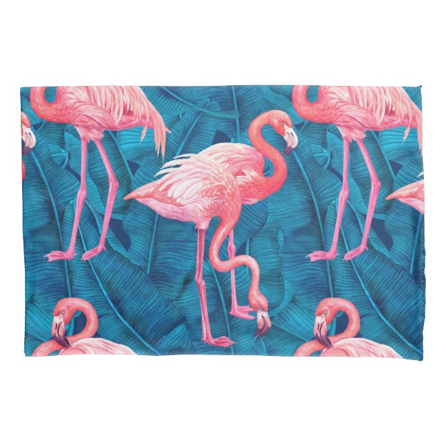 Flamingos em folhas de bananas azuis (Frente)