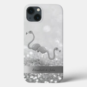 Flamingos Modernos Brilho Prata Bokeh