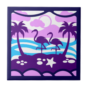 Flamingos Tropicais Palmeiras Roxas Nuvens Rosadas