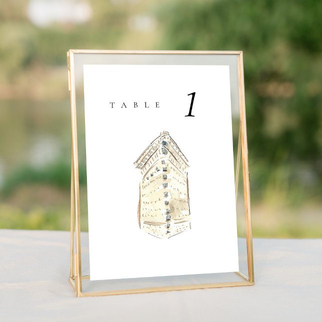 Flatiron Building New York Wedle Table Number (Watercolor Flatiron Hotel New York City Skyline wedding table number sign.)