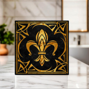 Fleur-De-Lis - Art Nouveau - Black Marble e Dourad
