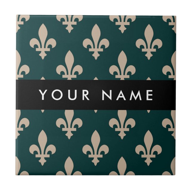 Fleur de Lis, Beige on Green, Royal, Your Name (Frente)