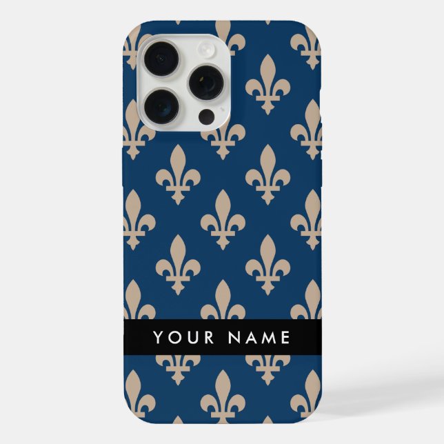 Fleur de Lis, Beige on Navy Blue, Royal, Your Name (Verso)