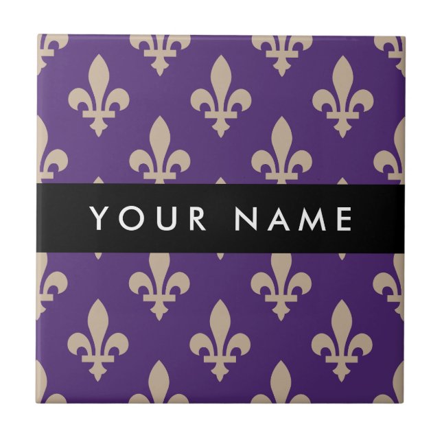 Fleur de Lis, Beige on Purple, Royal, Your Name (Frente)