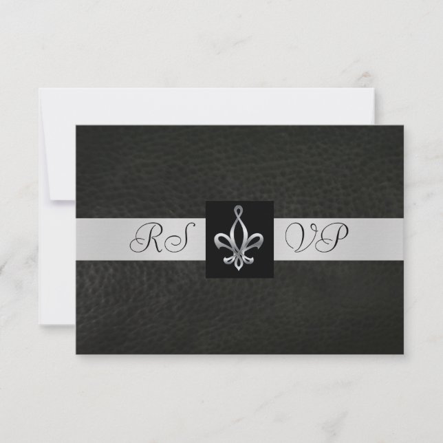 Fleur De Lis Black Leather RSVP Resposta Convite (Frente)