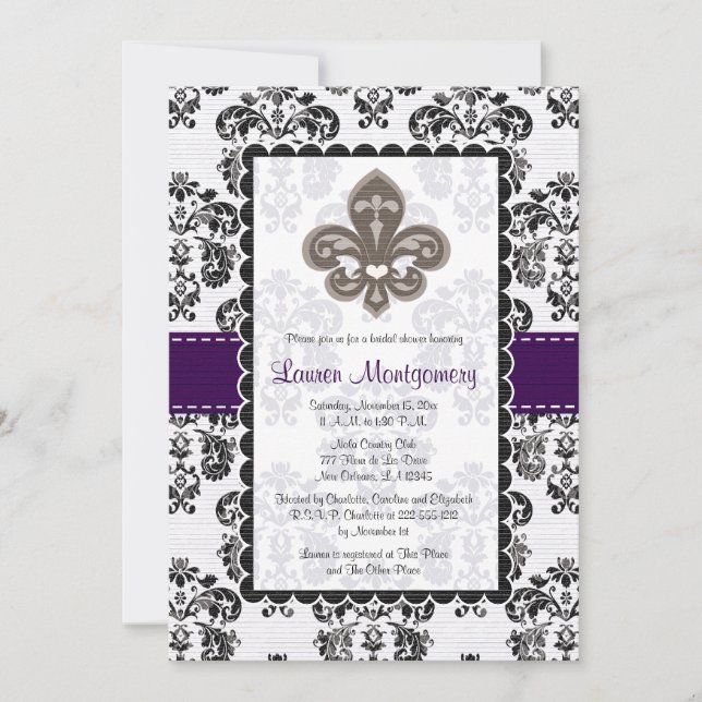 Fleur de Lis Convites de chá de panela Plum Black (Frente)