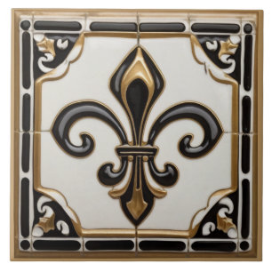 Fleur de Lis Faux Alivio preto branco e Dourado