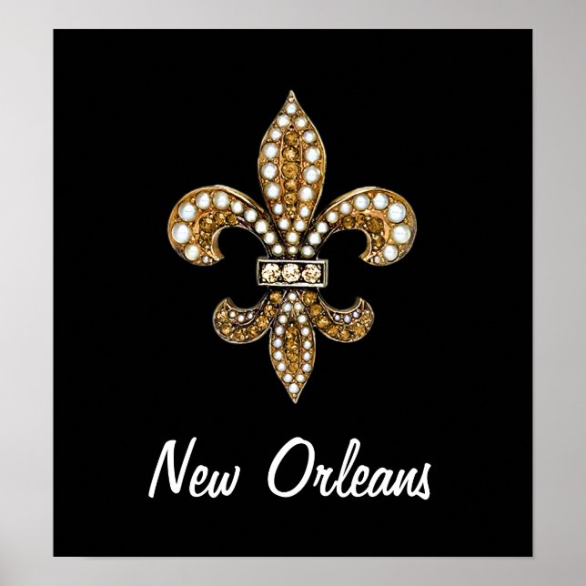 Fleur De Lis Flor New Orleans Poster Dourado Negro (Frente)