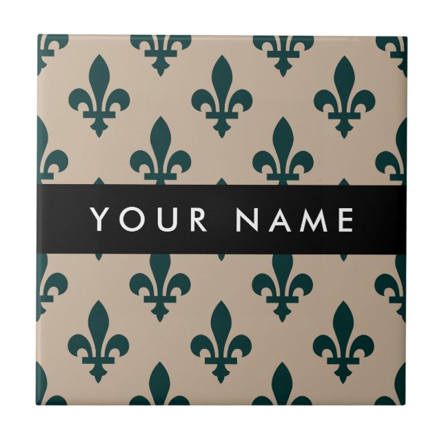 Fleur de Lis, Green on Beige, Royal, Your Name (Frente)