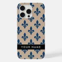 Fleur de Lis, Navy Blue on Beige, Royal, Your Name