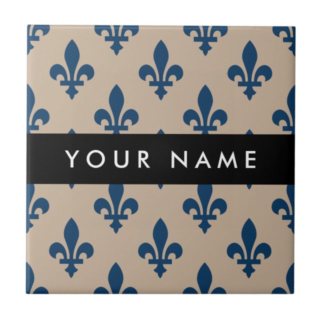 Fleur de Lis, Navy Blue on Beige, Royal, Your Name (Frente)