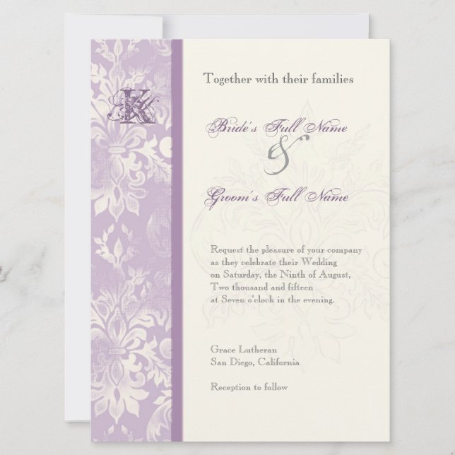 Fleur di Lys Damask - Convite para Casamento Lilac (Frente)