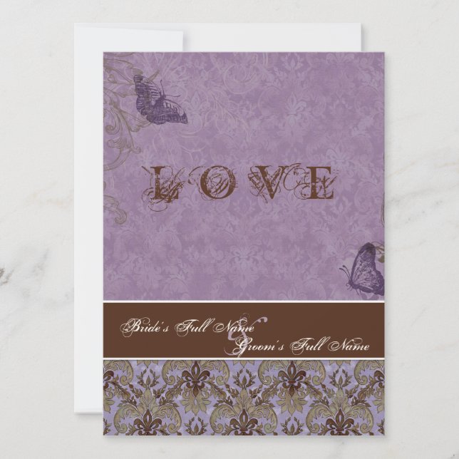 Fleur di Lys Damask - Convite Para Casamento Roxo  (Frente)