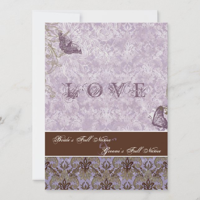 Fleur di Lys Damask - Convite para Casamento Roxo (Frente)