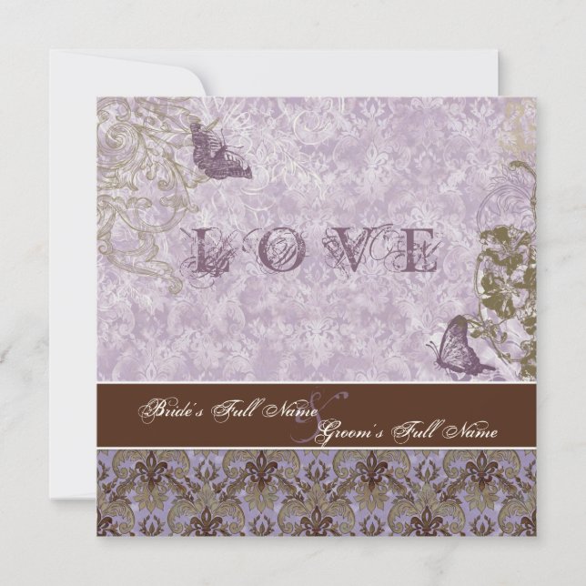 Fleur di Lys Damask - Convite para Casamento Roxo (Frente)