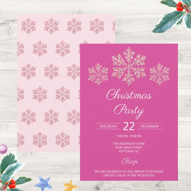 Floco de neve Berry Bling Elegante Natal Festivo (Christmas color trend of pink plus faux sparkle snowflakes equals elegant holiday party invitations)