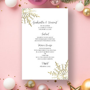 Floco de neve Dourado no menu branco do casamento