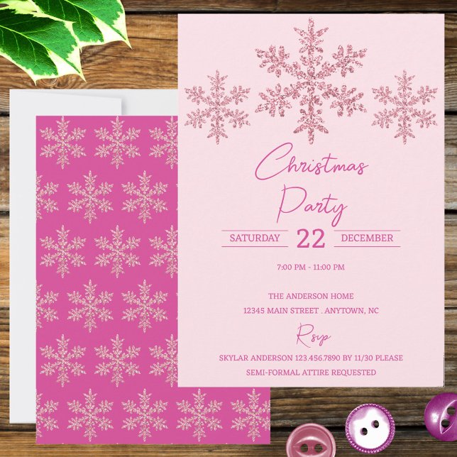 Floco de neve Glama Rosa Elegante Natal Festivo (Planning the perfect Christmas party? These pink snowflake holiday invitations make a statement)