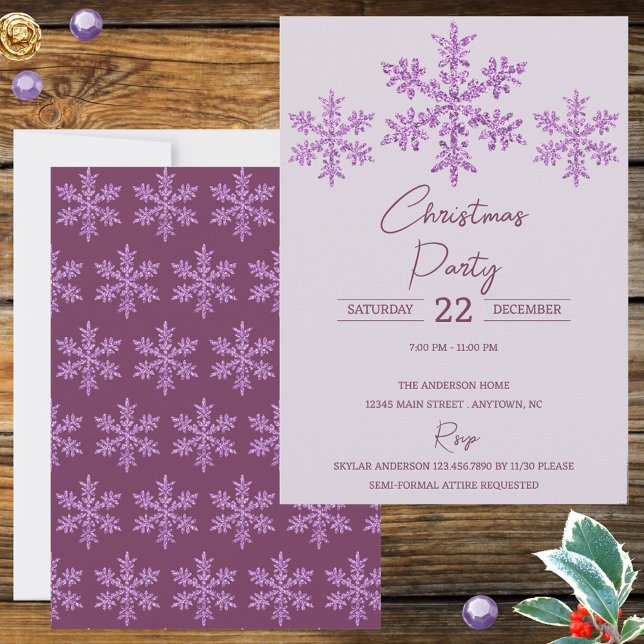 Floco de neve Glama Roxo Elegante Natal Festivo (Trendy purple snowflakes Christmas Party invitations personalized by you for your holiday gala)