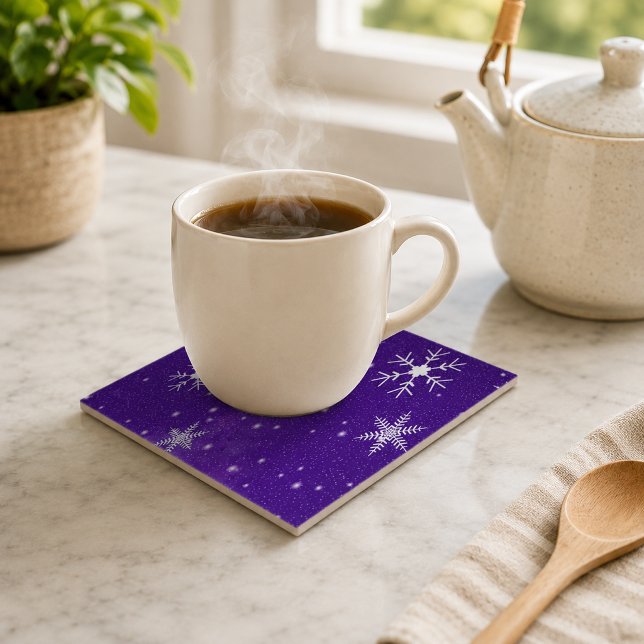 Flocos de Neve Brancos com Fundo Azul-Roxo (White Snowflakes with Blue-Purple Background Tile)