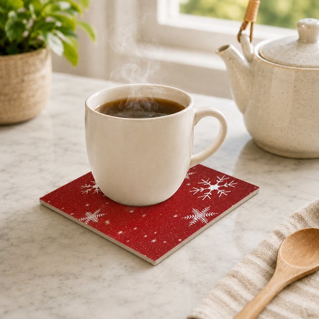Flocos de Neve Brancos com Fundo Vermelho (White Snowflakes with Red Background Tile)