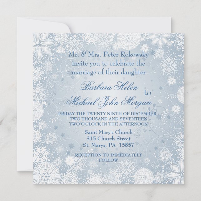 Flocos de neve brancos em convite de casamento azu (Frente)