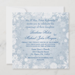 Flocos de neve brancos em convite de casamento azu