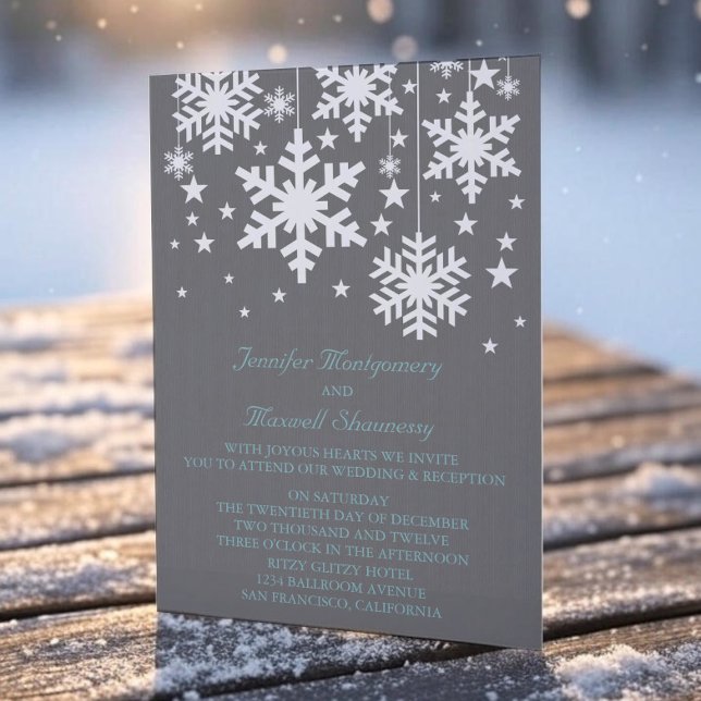 Flocos de neve e Convites de casamento de estrelas (Gray Snowflakes and Stars Wedding Invitation)