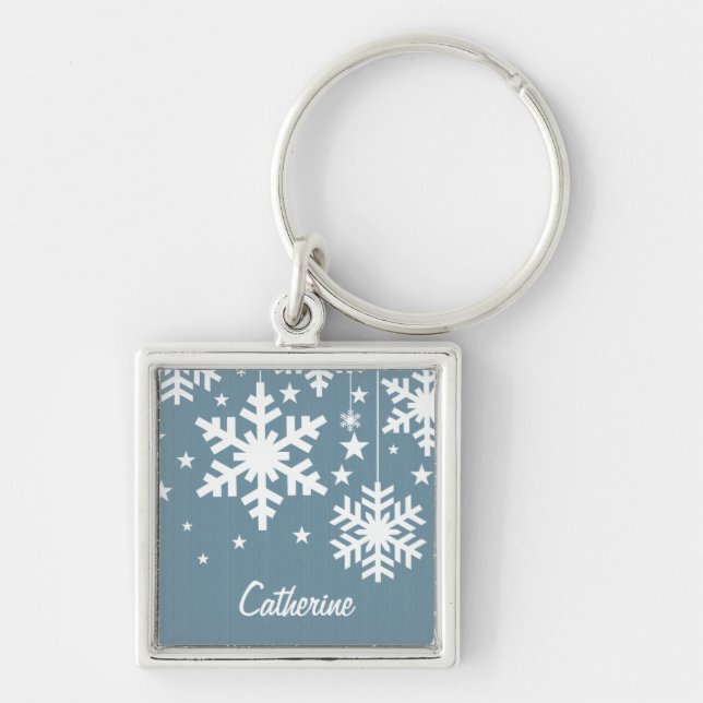 Flocos de neve e estrelas Chaveiro Premium, Azul (Frente)
