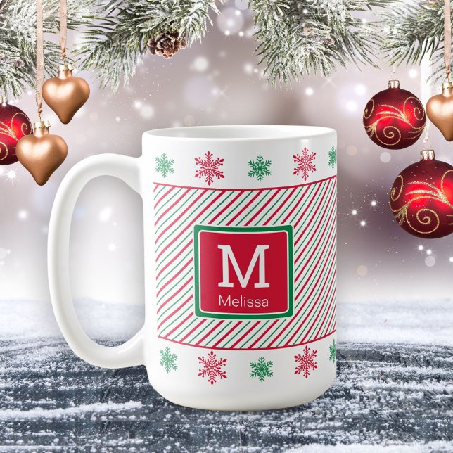Flocos de neve e tiras Monograma Caneca de Natal (Criador carregado)