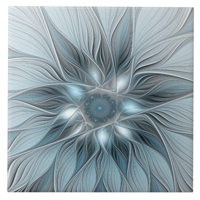 Flor Abstrata Alegre Azul Cinza Fractal Floral (Frente)