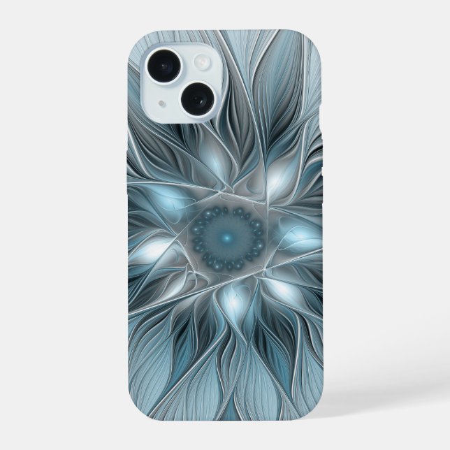 Flor Abstrata Alegre Azul Cinza Fractal Floral (Verso)