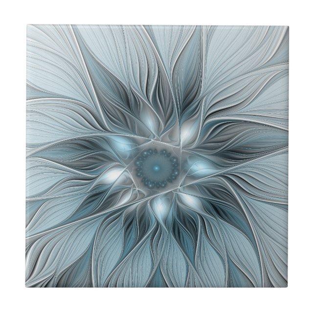 Flor Abstrata Alegre Azul Cinza Fractal Floral (Frente)