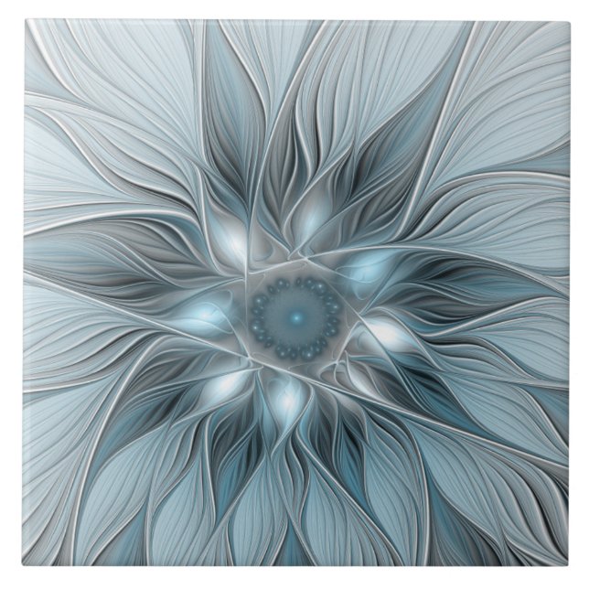 Flor Abstrata Alegre Azul Cinza Fractal Floral (Frente)
