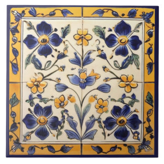 Flor Amarelo-Marinho-Mediterrâneo Floral Azul