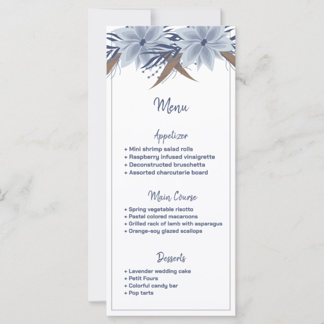 Flor azul simples e elegante | menu de casamento (Frente)