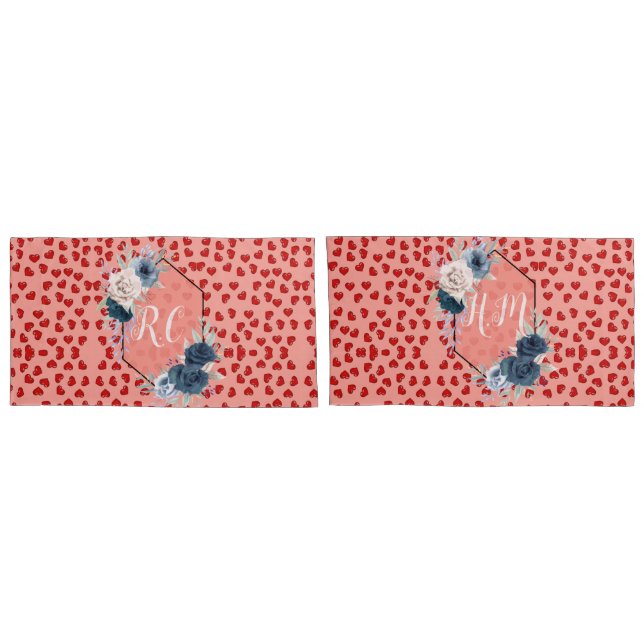 Flor azul vermelha do coração, monograma, a rosa (Traseira-Conjunto)